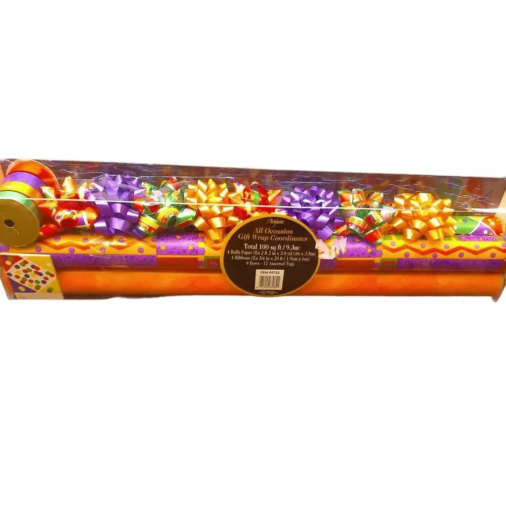 Vtg 90s Artfaire Gift Wrap Ensemble Memphis Squiggle Retro Wrapping Paper Kit